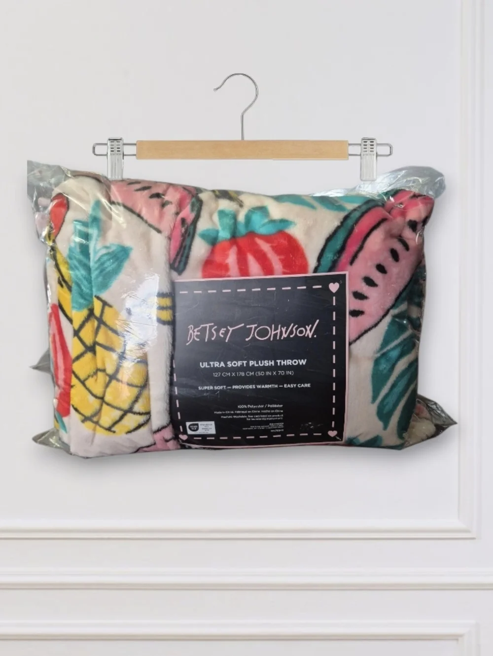 Betsey Johnson Plush Throw Blanket - Watermelon, Cherry & Pineapple Print Motif
